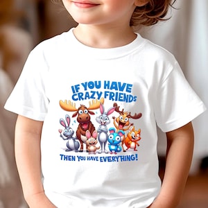 クレイジーフレンズの子供用アニマルTシャツ、面白い漫画の動物Tシャツ、幼児向け友情Tシャツ、幼稚園のユーモアギフト、かわいいプレイグループ用衣装
