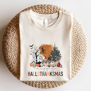 HalloThanksMas Sweatshirt, Happy HalloThanksMas Shirt, Fall Thanksgiving Christmas Sweater, Holiday Mashup Sweatshirt, Funny Triple Holiday