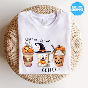 Scary Til I Get Coffee Shirt: Funny Halloween Tee, Spooky Fall Design