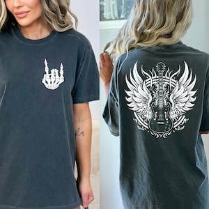 Comfort Colors,Rock and Roll Guitar Angel Shirt,Vintage Skeleton Hands Shirt,Rock Concert Tee,Unisex Music Lover Gift,Angel Wings Band Shirt