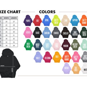the size chart for a hoodie with different colors