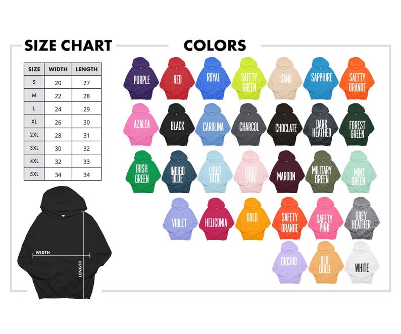 the size chart for a hoodie with different colors