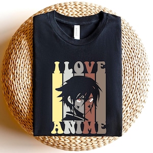 May include: Black t-shirt with the text "I LOVE ANIME" in a retro font. The shirt features a graphic of an anime character with red eyes. The design includes yellow, brown, and gray vertical stripes.