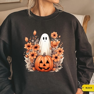 Floral Ghost Shirt, Cute Halloween Ghost Tee, Boho Fall T-Shirt, Ghost with Flowers Top, Aesthetic Spooky Sweatshirt, Autumn Comfort Gift