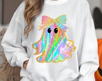 Kawaii Pastel Ghost Shirt, Iridescent Holographic Tee, Cute Spooky Outfit, Soft Cotton Blend Top, Bow Accent, Trendy Autumn Wear, Youth Gift