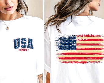 America 250 Shirt with Front and Back Print, Vintage USA 1776 T Shirt, Distressed American Flag Shirt, 250th Anniversary Patriotic Tshirt