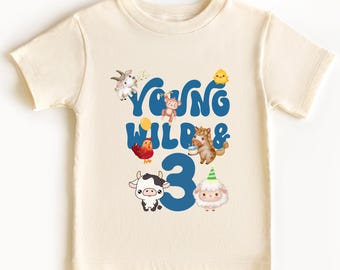 Farm Birthday Shirt, Young Wild 3 Tee, Barnyard Party Top, Personalized Farm Animal Shirt, Toddler Third Birthday Outfit