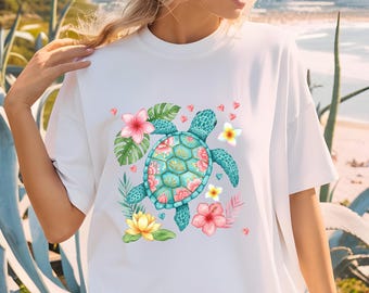 Camiseta con estampado floral de tortuga marina y colores cómodos: camiseta estilo boho costero, regalo de Navidad, regalo del Día del Padre
