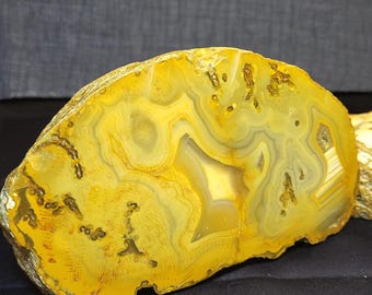 May include: A polished agate stone slice, displaying yellow and grey banding. The stone's cross-section reveals intricate patterns and a natural, organic shape. The agate's colours range from pale yellow to grey, with a rough, unpolished edge.