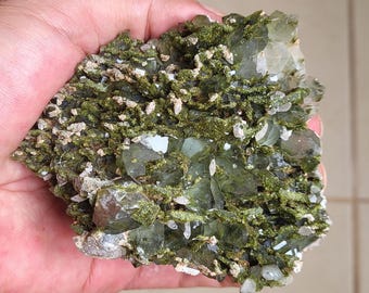 Epidote and Quartz with Calcite - Forest Epidote Cluster - Natural Home Decoration Accent from Turkiye