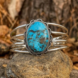 Vintage Turquoise Bangle Bracelet: 925 Sterling Silver Boho Cuff