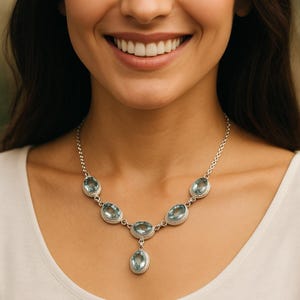 Blue Topaz Necklace - 925 Sterling Silver Lariat Necklace, Silver Statement Necklace, Oval Cut Gemstone Necklace - Blue Stone Women Necklace