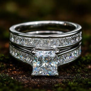 Moissanite Eternity Band Ring Set: Princess Cut Sterling Silver