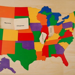 Wooden map Puzzle of the USA has States and Capitals. Chunky pieces, heirloom quality a great educational toy image 1