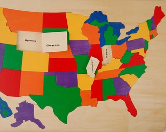 Wooden map Puzzle of the USA - has States and Capitals. Chunky pieces, heirloom quality- a great educational toy