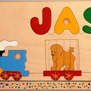 Wooden Name and Circus Train Puzzle for kids and toddlers. A memorable birth, Christmas, Hannukah or first birthday gift for boys or girls.