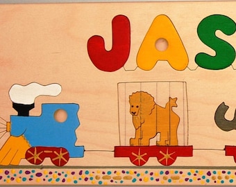 Wooden Name and Circus Train Puzzle for kids and toddlers. A memorable birth, Christmas, Hannukah or first birthday gift for boys or girls.