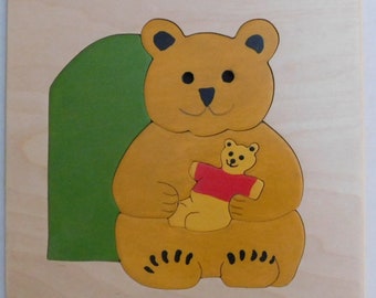 Wooden picture puzzle of a Teddy Bear holding - a teddy bear ! -A fun wood toy for Toddlers, Preschool age children