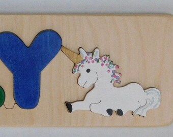 Wooden Name puzzle with added UNICORN shape and (optional ) Rainbow shape pieces