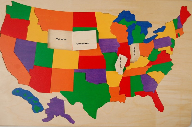 Wooden map Puzzle of the USA has States and Capitals. Chunky pieces, heirloom quality a great educational toy image 1