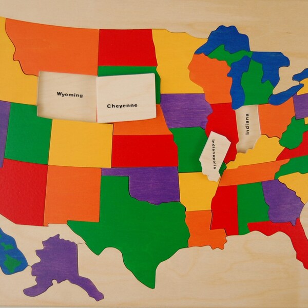 Wooden Puzzle of the USA - with States and Capitals.  Educational toy for boys, girls, adults studying geography.  A SMART and classic toy.