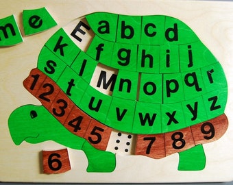 Wooden Alphabet Turtle puzzle will equip your Preschooler to learn the Upper and Lower case letters before Kindergarten. An educational toy!