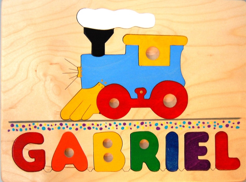 Train with Name Wooden Puzzle a great first birthday gift or toy for Toddlers, Preschool age boys and girls who love Choo-Choo trains image 1