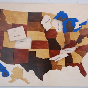 Wooden map Puzzle of the USA has States and Capitals. Chunky pieces, heirloom quality a great educational toy WOOD TONES