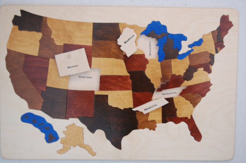 Wooden map Puzzle of the USA has States and Capitals. Chunky pieces, heirloom quality a great educational toy WOOD TONES