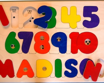 Bilingual wooden NAME and NUMBERS puzzle -  a memorable birthday gift for toddlers, a fun yet educational toy. Chunky puzzle pieces.