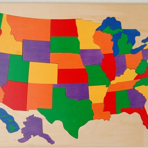 Wooden map Puzzle of the USA has States and Capitals. Chunky pieces, heirloom quality a great educational toy RAINBOW
