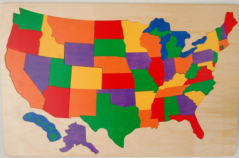 Wooden map Puzzle of the USA has States and Capitals. Chunky pieces, heirloom quality a great educational toy RAINBOW