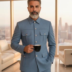 Anpassad ljusblå safaridräkt - Skifferfärgad 2-delad slim fit modern jodhpuri herrklädsel | Suitsster