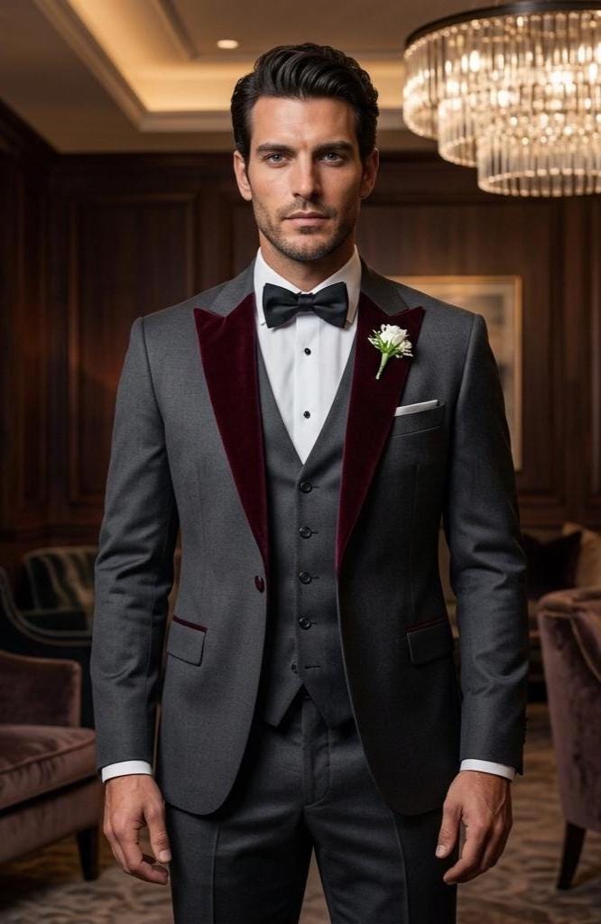 Custom Grey & Burgundy Velvet Tuxedo - 3 Piece Slim Fit Winter Wedding Groom Attire Suitsster