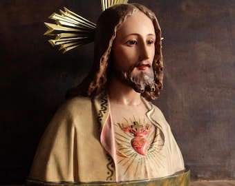 Sacred Heart Bust/ Spanish Reliogious Art/ Devotional Decor/ Glass Eyes/ Prestigious Brand OLOT