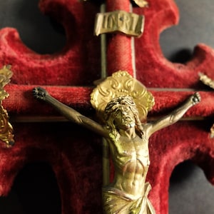 Antique French Red Velvet Crucifix or Cross/ Benetier Blessing Font/ Holy Water Font