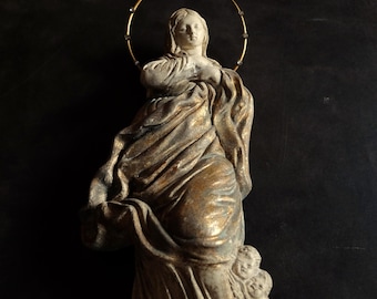 Antique Virgin Mary/ Spanish Religious Art/ Wall Statue/ Glass Eyes/ Religious Decor