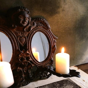 Antique French Cherub Iron Mirror/ Rare Cast Iron Double Mirror/ Angel Head Napoleon III /Candelabra Two Candles