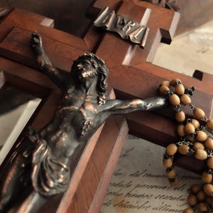 Antique Crucifix, Victorian Baroque/ Copper and Hand Carved Wood / Devotional Decor