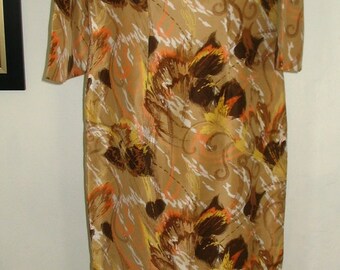 Tan Multicolor Floral Bell Sleeve Silk Cheongsam Maxi Dress Size S