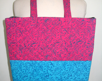 Hot Pink Turquoise Blue Quilted Cotton Shoulder Purse