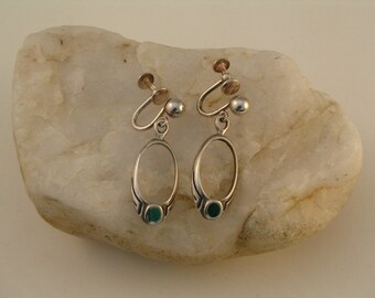 Sterling Silver Oval Dangle Malachite Inlay Screwback Earrings