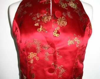 Barami Couture Red Gold Green Brocade Spider Mum Bamboo Floral Vest Size 4