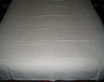 Heavy Irish Linen Embroidered Flower Bud Tablecloth 71x81 Inches