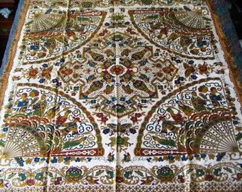 Beautiful Multicolor Asian Motif Woven Tapestry Tablecloth 53 by 56