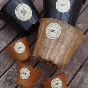 Peut inclure: Plusieurs pots de plantes bruns et noirs de différentes tailles, certains avec des surfaces texturées. Chaque pot porte un autocollant circulaire avec le texte "GREEN MUNDO" et d'autres informations. Les pots sont disposés sur une surface en bois.