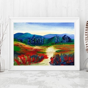 Caminho vibrante no campo - Pintura a óleo original em papelão duro, 15 x 20 cm, pequena obra de arte perfeita para interiores aconchegantes