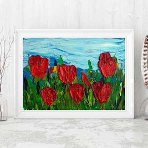 Tulipas vermelhas em flor - Pintura a óleo floral texturizada sobre cartão duro, 15 x 20 cm, arte de jardim colorida