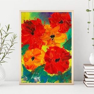 Papoulas ousadas em flor - Pintura a óleo original sobre cartão duro, 15 x 20 cm, arte floral colorida para interiores brilhantes
