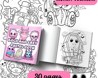 Könnte beinhalten: Ein Schwarzweiß-Malbuch mit einem rosa Umschlag, auf dem "Bold and Easy Pastel Goth" steht. Der Umschlag zeigt eine Vielzahl von niedlichen, gotischen Illustrationen, darunter einen Schädel, einen Sarg und einen Teddybär. Das Buch ist auf einer Seite mit einer niedlichen Sargillustration geöffnet. Das Buch hat 30 Seiten und ist zum sofortigen Download verfügbar.
